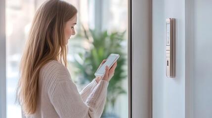 Woman entering password on smart device to unlock digital door lock, hotel security concept, isolate on white background
