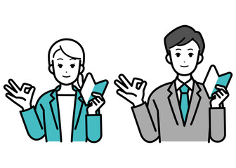 Illustration of businessperson male and female holding beginner's mark.