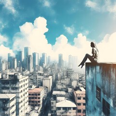 Sad man sitting on a roof looking down at a city below