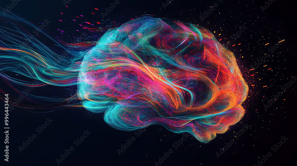 Poster a colorful, abstract representation of a human brain, with flowing lines and particles surrounding i