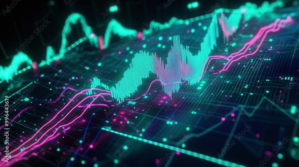 Poster vibrant digital graph showcasing financial data trends with neon colors and dynamic lines against a 
