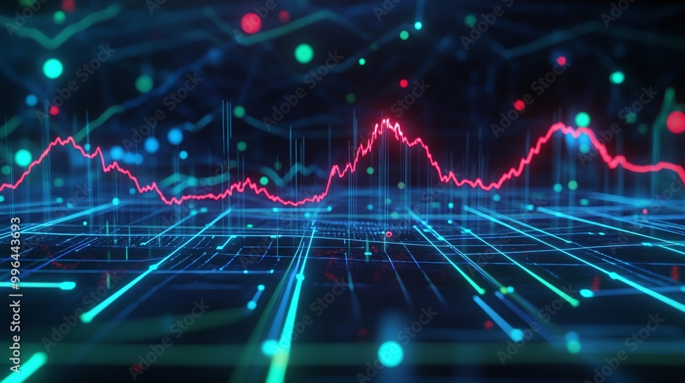 Poster vibrant digital graph with glowing lines and dots, illustrating data trends on a futuristic grid bac