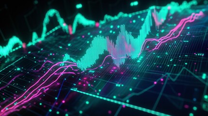 Vibrant digital graph showcasing financial data trends with neon colors and dynamic lines against a futuristic backdrop.