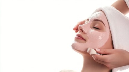 Woman laying down relaxed as beautician applies a skincare mask to her face, isolate on white background
