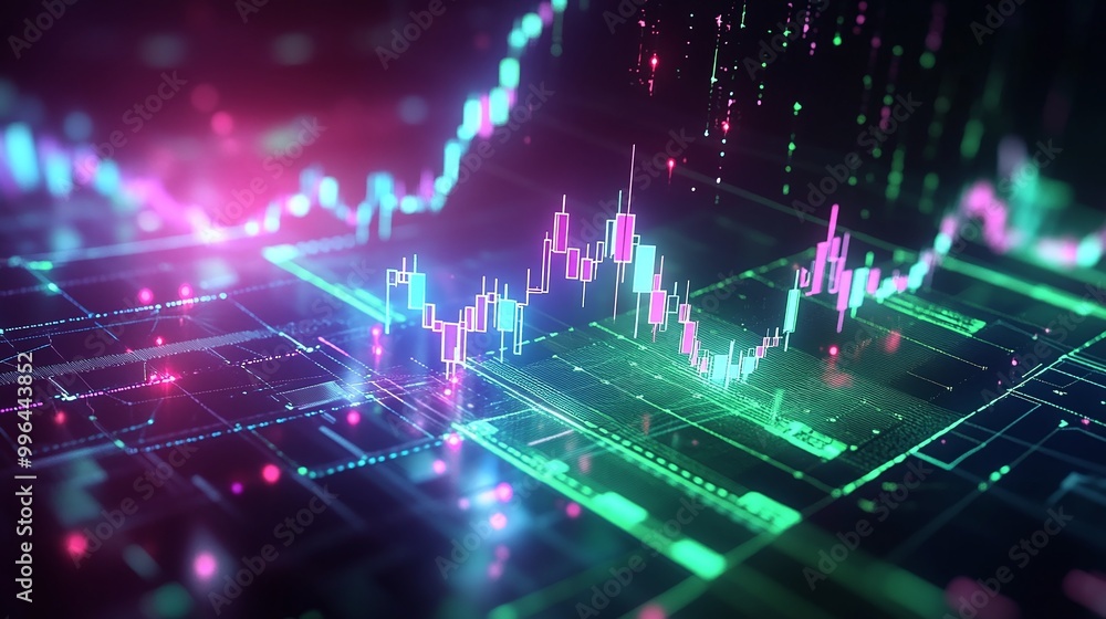 Poster vibrant digital stock market data visualization with glowing graphs and indicators on a dark backgro