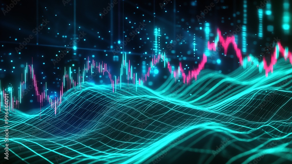 Poster vibrant digital wave chart with glowing lines and data points, suitable for tech and finance visuals