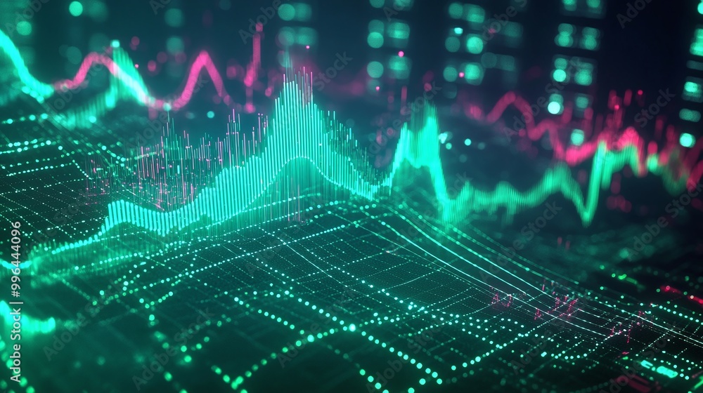 Poster vibrant digital waveforms depict data visualization and analytics in a futuristic style.