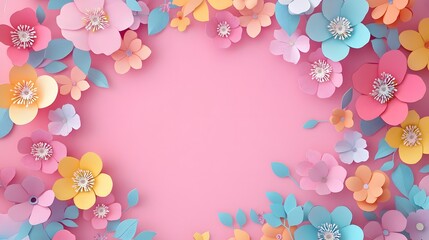 3D paper cut style, pink background with lots of pastel-colored flowers on the side, empty space for text