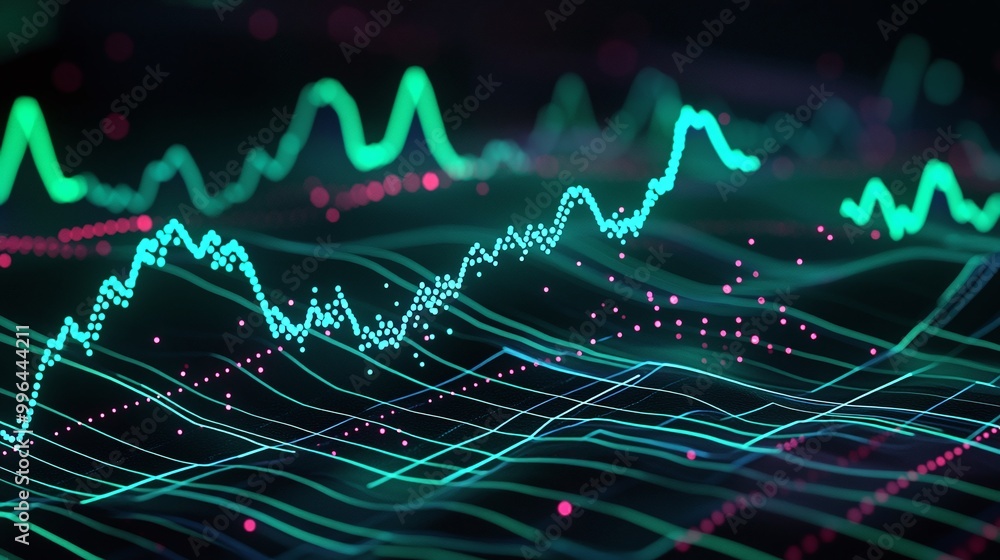 Poster vibrant digital waveforms illustrating data fluctuations and trends in a futuristic style.