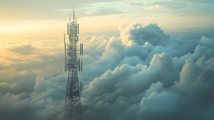 A tall telecommunication tower stands above the clouds at sunset.