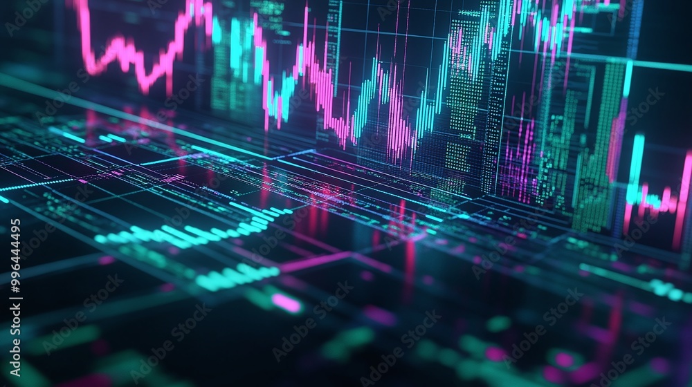 Poster vibrant financial trading graph with colorful data, showcasing analytical trends and stock performan