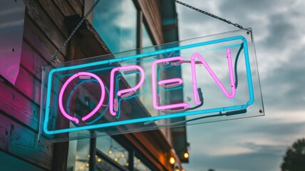 A neon sign with the text "Open" in bright pink and blue neon lights. The sign is attached to a building with a wooden exterior. The background reveals a cloudy sky.