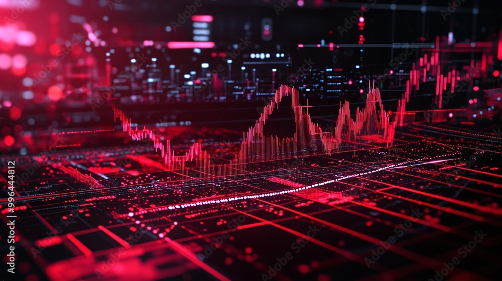 Poster visual representation of a digital trading graph with red tones, showcasing market trends and data f