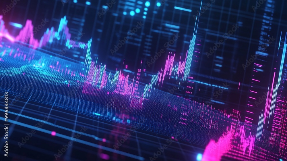 Poster vibrant stock market data visualization with neon colors representing fluctuating trends and statist