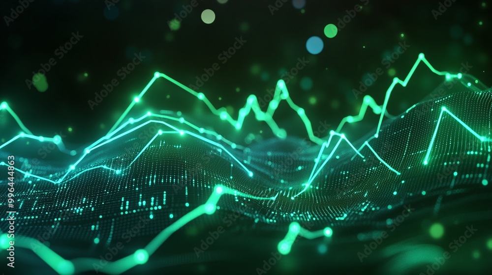 Poster vibrant green wave patterns representing data analysis and technology on a dark background.