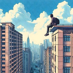 Sad man sitting on a roof looking down at a city below