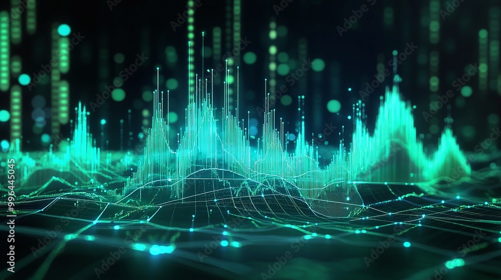 Poster visual representation of sound waves and data signals in vibrant green hues on a dark background.