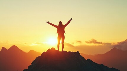 Woman standing victorious on mountain peak, arms wide in celebration of her personal growth and success, sunrise backdrop, isolate on white background