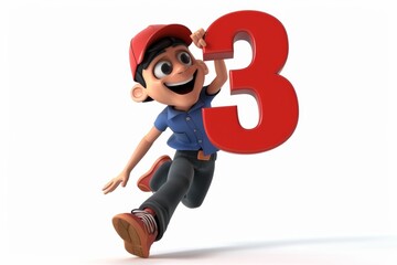Happy cartoon kid holding number three