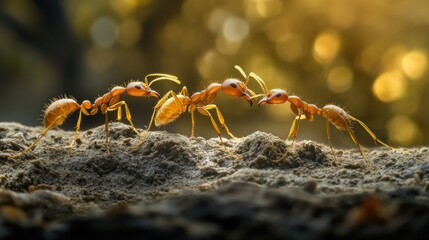 Fototapeta premium Weaver ants teaming up to hunt a larger insect, showing their impressive coordination and strength.