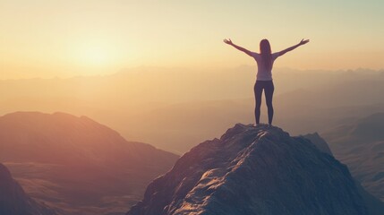 Woman standing with arms open wide on a mountain peak, welcoming the sunrise of success and personal development, isolate on white background