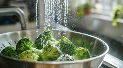 Broccoli heads in a colander being rinsed under running water in a bright kitchen, emphasizing cleanliness and freshness.