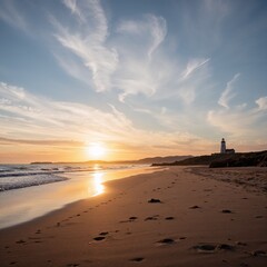 Scenic sunset beach view with lighthouse and gentle waves for travel and coastal concepts