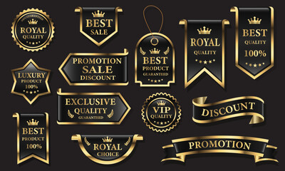 Black golden luxury premium quality label badges on grey background vector