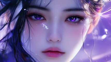 Fototapeta premium Enchanting Ethereal Woman with Glowing Purple Aura and Mysterious Gaze