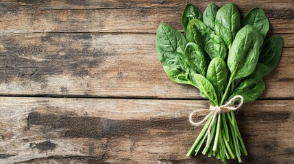 Fototapeta premium Bunch of fresh spinach leaves tied with twine on a rustic wooden background, creating a farm-to-table concept.