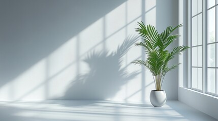 Empty white room interior with bright light and shadows
