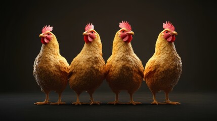 Four chickens stand in a row, showcasing their vibrant feathers and unique features against a dark background.