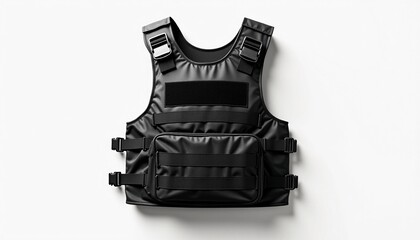 Naklejka premium Black Tactical Vest with Front Pouch and Adjustable Straps on White Background 