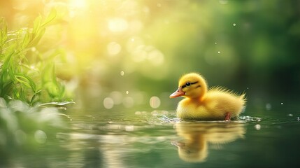 Tiny duckling exploring a pond, serene nature background with large copy space for design.