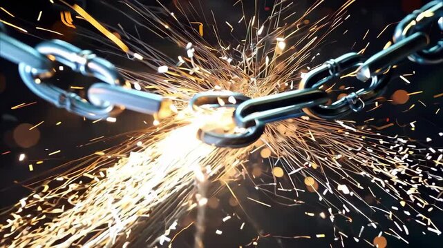 A close-up of a metal chain breaking, with sparks flying from the point of fracture against a dark background.