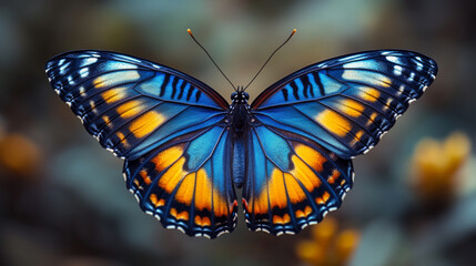 Naklejka premium A vibrant butterfly with blue, orange, and black wings.