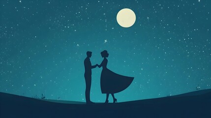 Obraz premium Two Silhouetted Figures Embracing Beneath the Starry Night Sky
