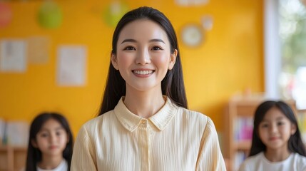 Portrait of a dedicated Asian teacher encouraging students on a rich, ochre background with free copy space