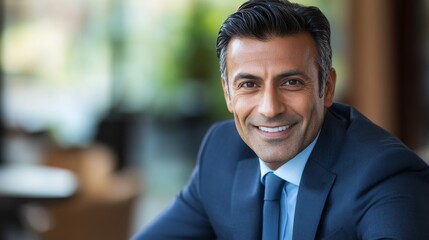 Fototapeta premium A middle-aged businessman exudes confidence while seated in a stylish office environment, wearing a tailored suit and smiling warmly at the audience