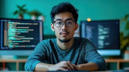 Portrait of a focused Asian software developer coding intently on a cool, mint green background with free copy space