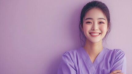 Portrait of a compassionate Asian caregiver tenderly cradling a patient on a soothing, lavender background with free copy space