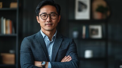 Fototapeta premium Portrait of a determined Asian entrepreneur pitching an idea on a sleek, charcoal grey background with free copy space
