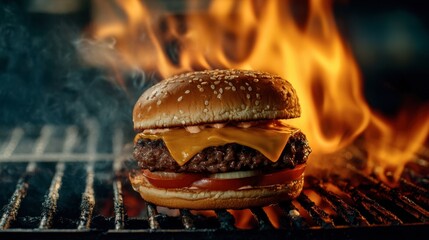 Cheeseburger on a charcoal grill with flames, showing the process of grilling with smoky effects.