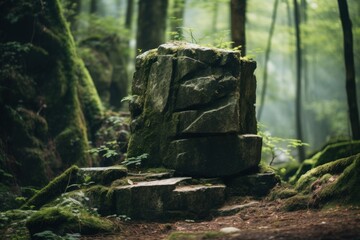 Fototapeta premium Stone podium forest outdoors woodland.