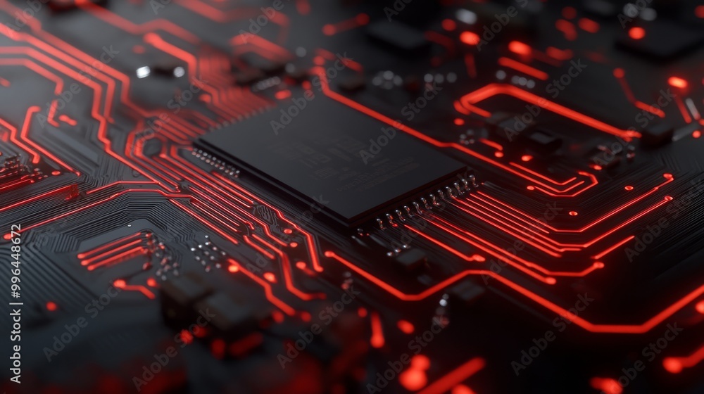 Poster technician holding a microchip with tweezers and assembly a circuit board. production computer or pc