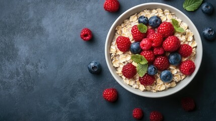 Top view of oats and fresh berries in a bowl, healthy breakfast option for weight loss, with copy space.