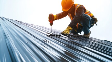 Worker installing metal roof panels with a drill, construction project in process, isolate on white background