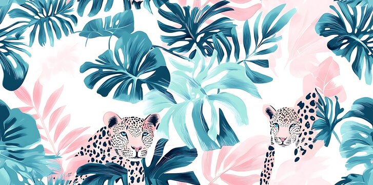 Playful seamless pattern featuring pastel colored tropical leaves