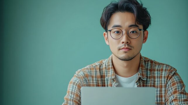 Focused Asian Software Developer Coding on Mint Green Background with Copy Space