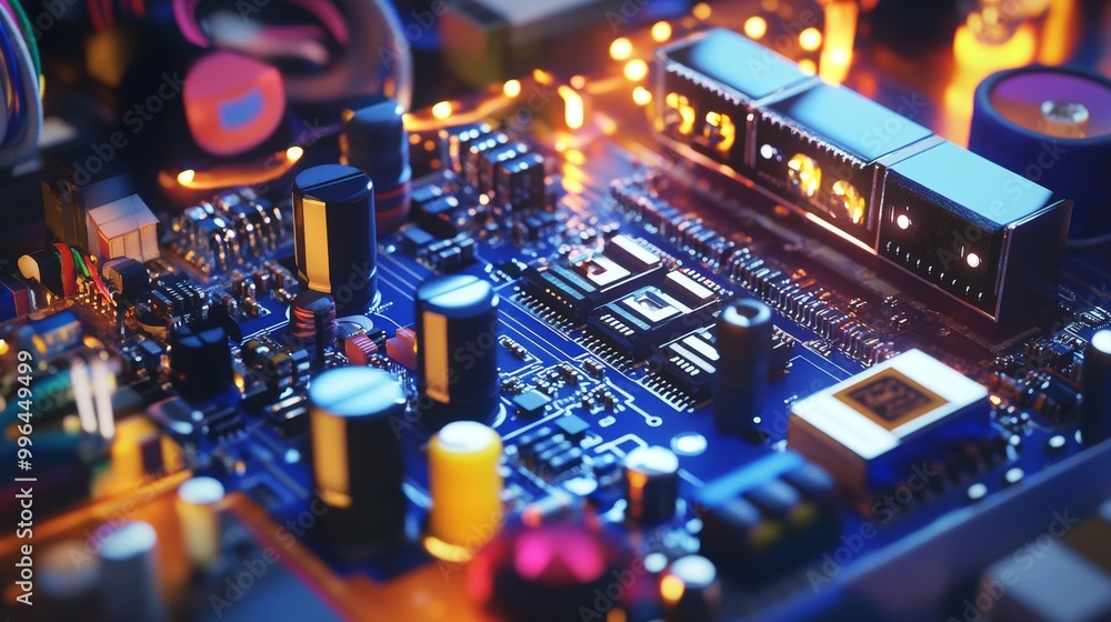 Poster assembling a circuit board with a tweezers and microchips. production computer or repair computer. f